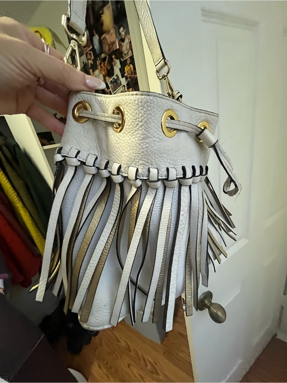 Michael Kors Cream and Brown Leather Fringe Drawstring Shoulder Bag - Picture 8 of 9